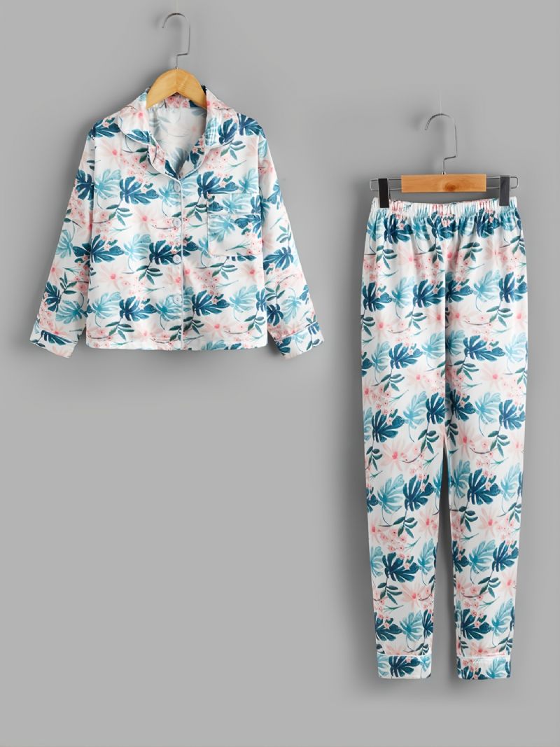 2 Stk Efterår & Vinter Piger Casual Lapel Leaf Print Langærmede Bukser Pyjamas Sæt