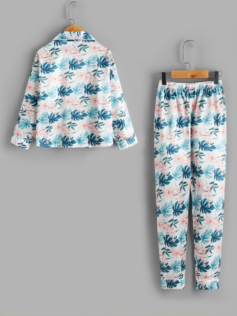 2 Stk Efterår & Vinter Piger Casual Lapel Leaf Print Langærmede Bukser Pyjamas Sæt