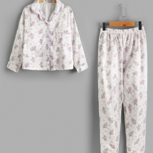 2 Stk Efterår & Vinter Piger Casual Revers Blomsterprint Langærmede Bukser Pyjamassæt