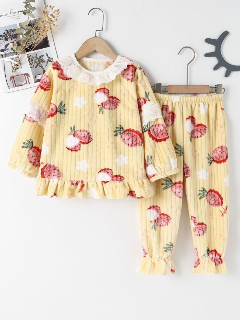 2 Stk Pige Langærmede Pullover Bukser Pyjamas Sæt Med Sødt Litchi Blomsterprint