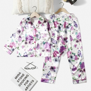 2 Stk Pigekrave Cardigan Pyjamassæt Med Hvidt Blomsterprint Lilla Sommerfugl