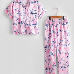 2 Stk Piger Blomsterprint Collared Cardigan Ærme Bukser Casual Pyjamas Sæt