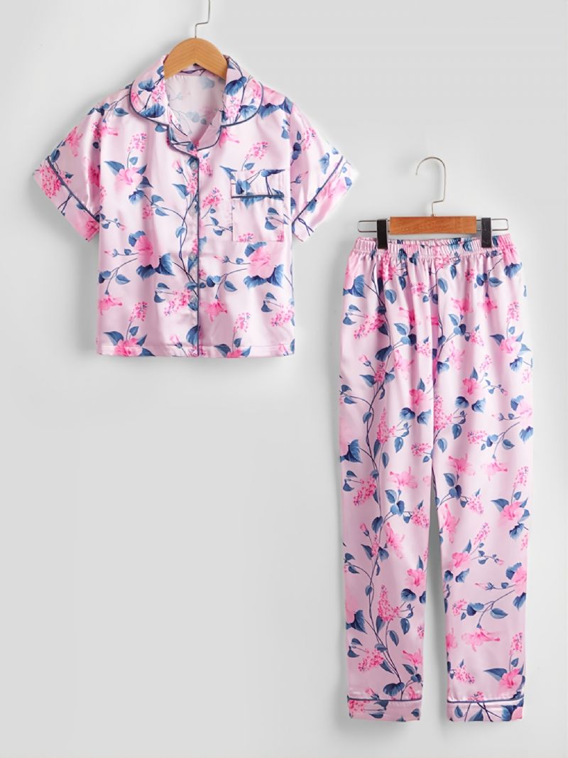 2 Stk Piger Blomsterprint Collared Cardigan Ærme Bukser Casual Pyjamas Sæt