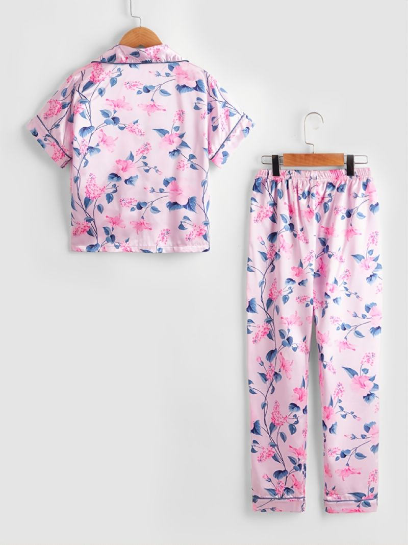 2 Stk Piger Blomsterprint Collared Cardigan Ærme Bukser Casual Pyjamas Sæt