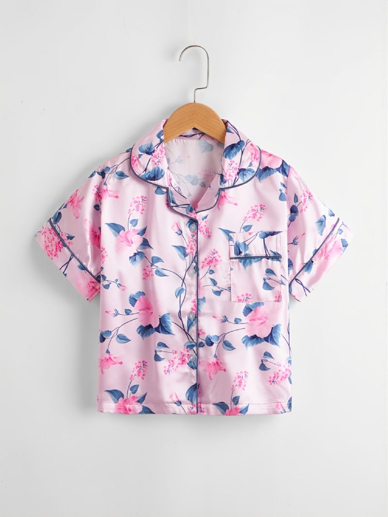 2 Stk Piger Blomsterprint Collared Cardigan Ærme Bukser Casual Pyjamas Sæt