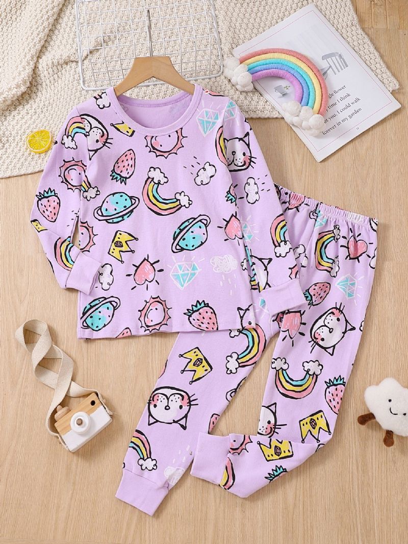 2 Stk Piger Bomuld Lilla Kat Tegneserie Print Langærmet Pyjamas