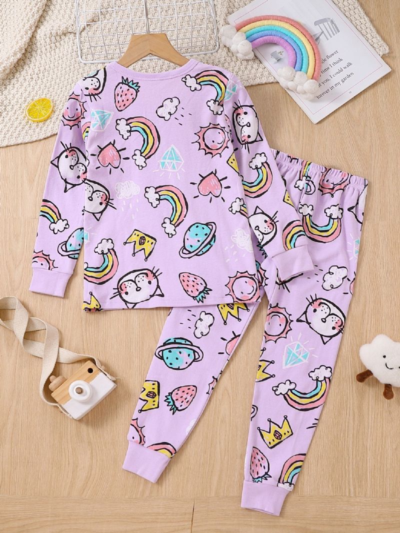 2 Stk Piger Bomuld Lilla Kat Tegneserie Print Langærmet Pyjamas