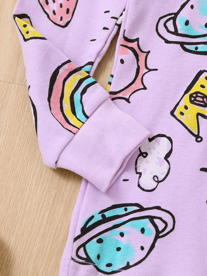 2 Stk Piger Bomuld Lilla Kat Tegneserie Print Langærmet Pyjamas