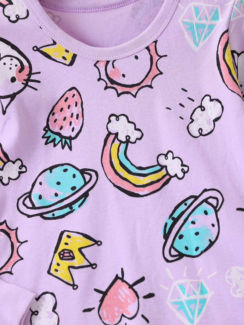 2 Stk Piger Bomuld Lilla Kat Tegneserie Print Langærmet Pyjamas