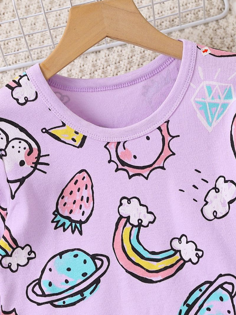 2 Stk Piger Bomuld Lilla Kat Tegneserie Print Langærmet Pyjamas