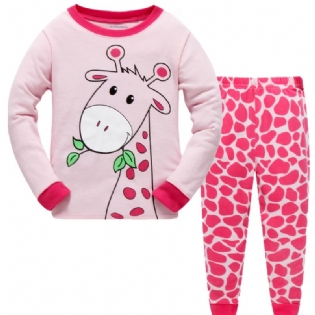 2 Stk Piger Casual Cartoon Animal Print Crew Neck Pink Bomuld Pyjamas Sæt