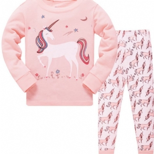 2 Stk Piger Casual Cartoon Unicorn Print Crew Neck Pink Bomuld Pyjamas Sæt