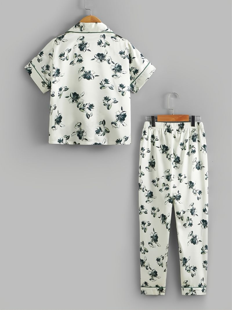 2 Stk Piger Casual Floral Print Collared Cardigan Sleeve Bukser Pyjamas Sæt