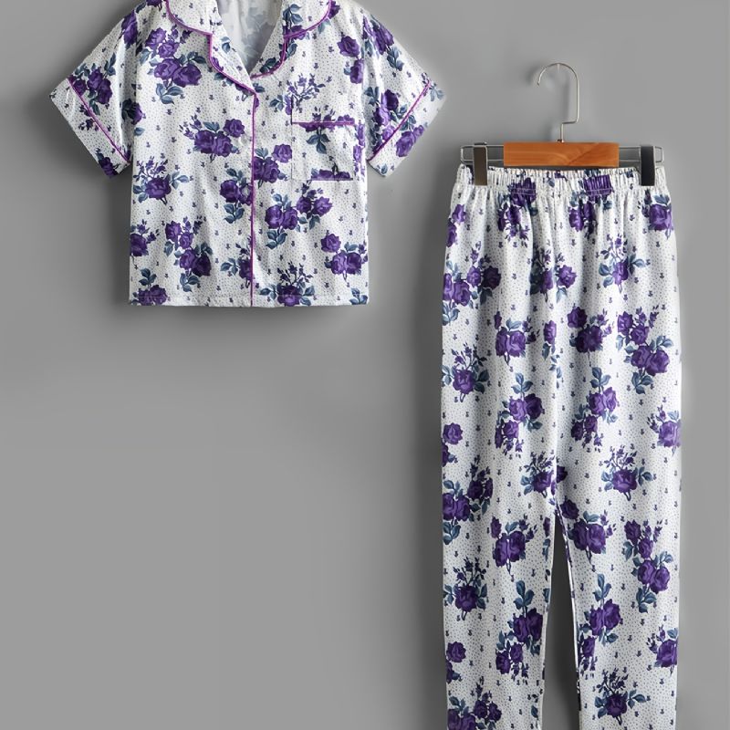 2 Stk Piger Casual Floral Print Collared Cardigan Sleeve Bukser Pyjamas Sæt