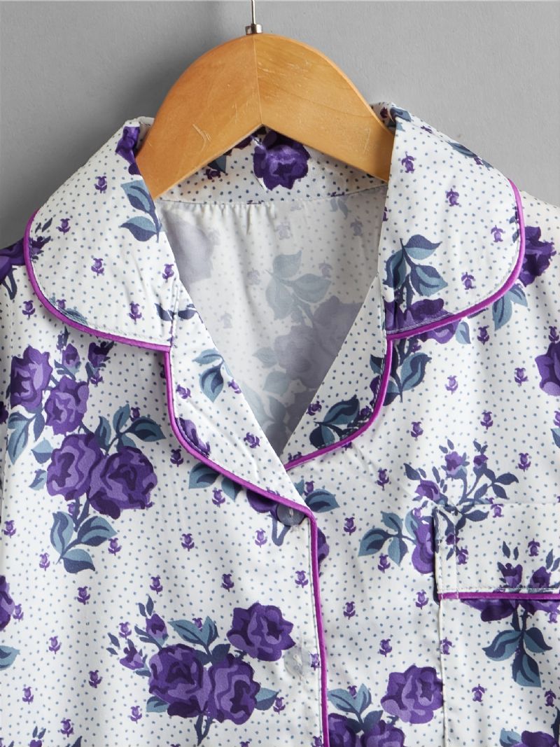 2 Stk Piger Casual Floral Print Collared Cardigan Sleeve Bukser Pyjamas Sæt