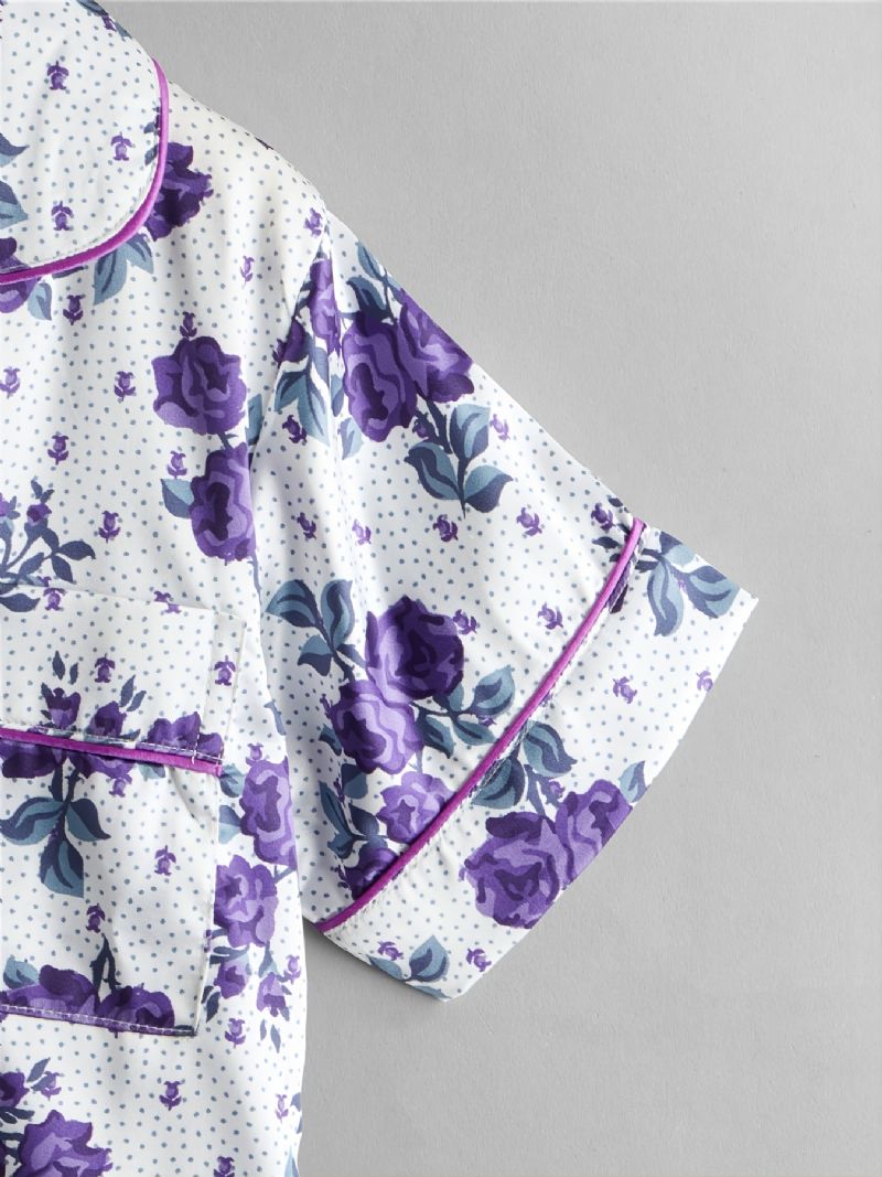 2 Stk Piger Casual Floral Print Collared Cardigan Sleeve Bukser Pyjamas Sæt