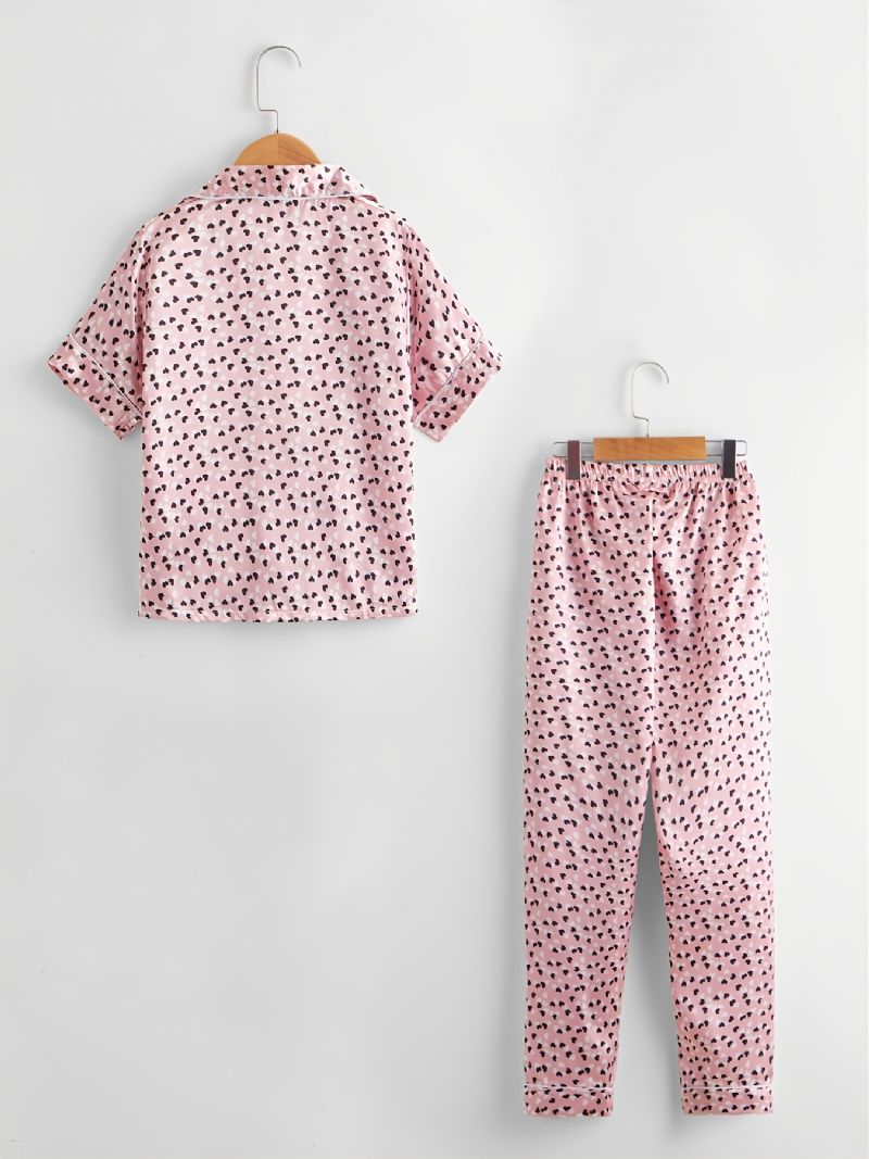 2 Stk. Piger Casual Komfortabel Pink Love Lapel Kortærmede Bukser Pyjamas Sæt