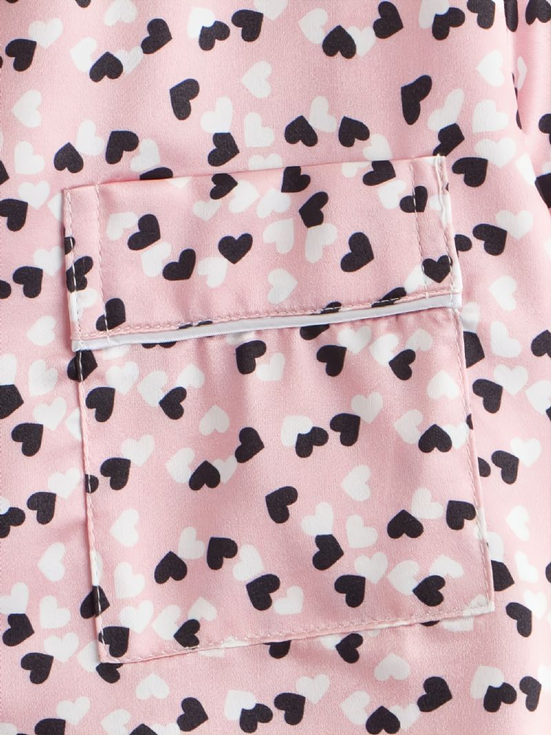 2 Stk. Piger Casual Komfortabel Pink Love Lapel Kortærmede Bukser Pyjamas Sæt