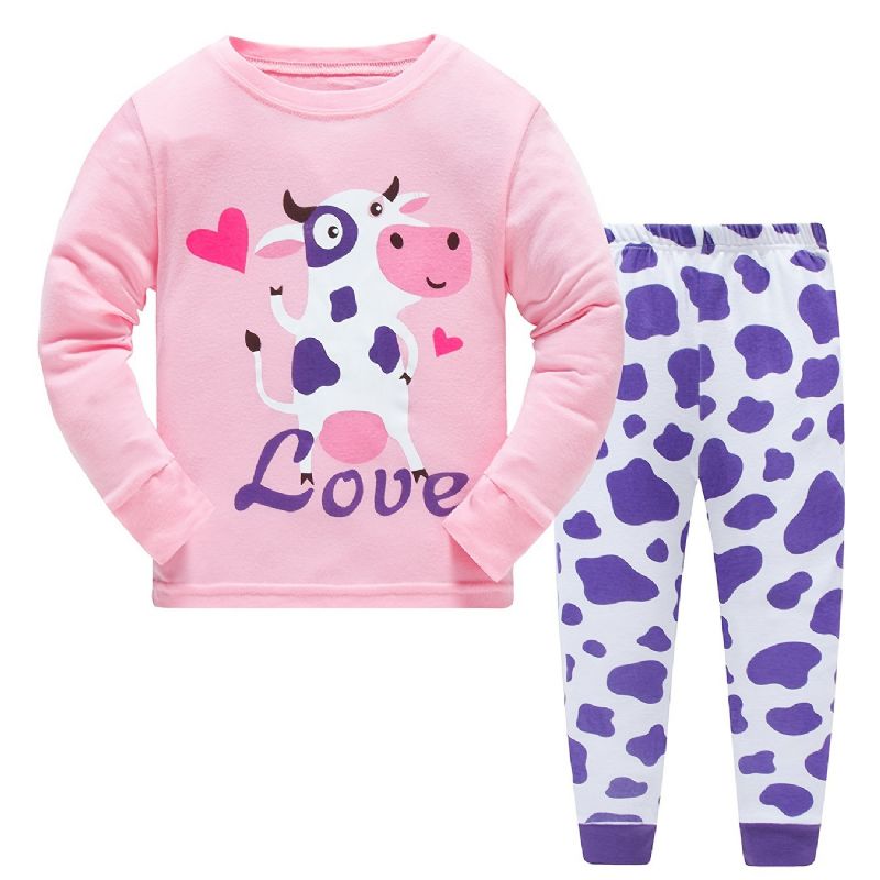 2 Stk Piger Casual Termisk Pyjamas Sæt Rundhals Langærmede Toppe & Bukser Med Sødt Tegneserie Ko Print Til Vinter