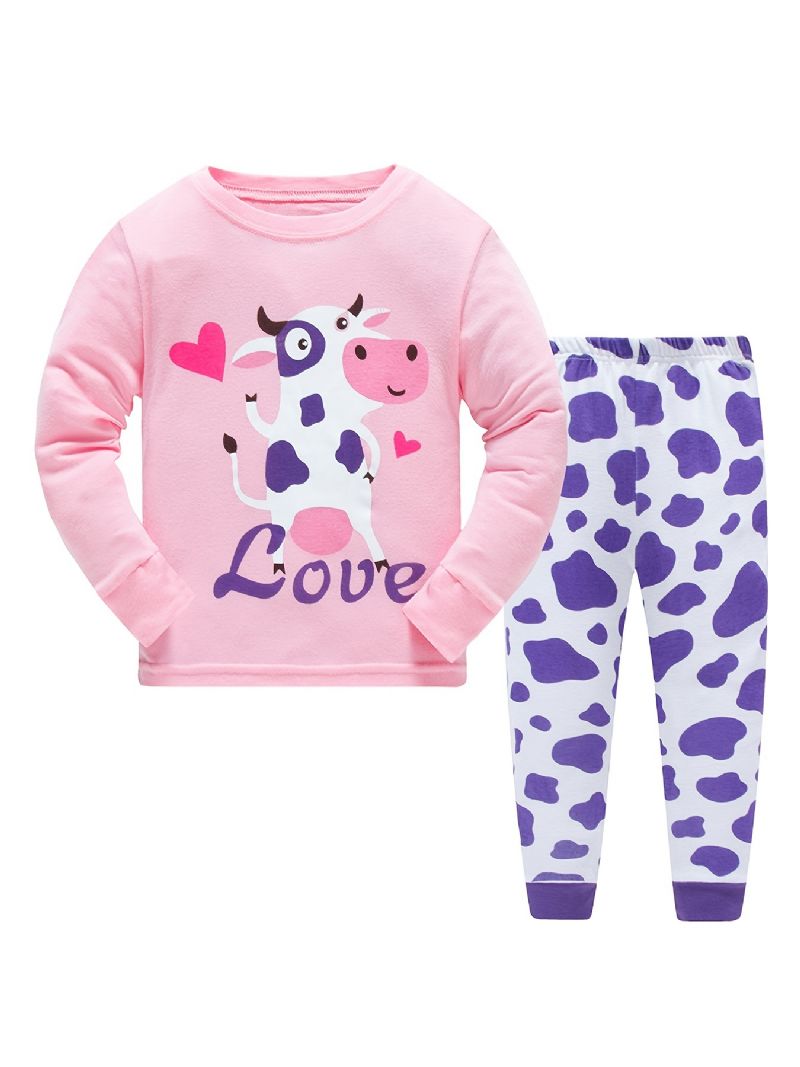 2 Stk Piger Casual Termisk Pyjamas Sæt Rundhals Langærmede Toppe & Bukser Med Sødt Tegneserie Ko Print Til Vinter