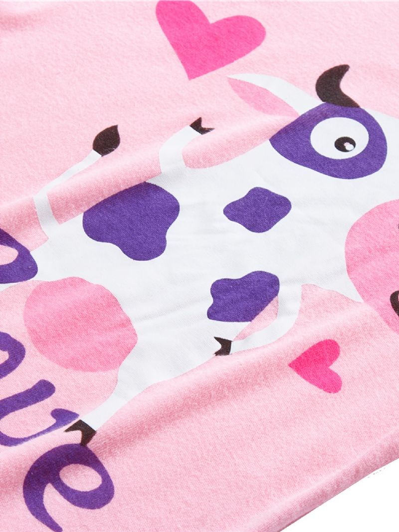 2 Stk Piger Casual Termisk Pyjamas Sæt Rundhals Langærmede Toppe & Bukser Med Sødt Tegneserie Ko Print Til Vinter
