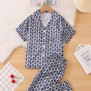 2 Stk Piger Geometrisk Print Mønster Revers Hals Satin Pyjamas Sæt