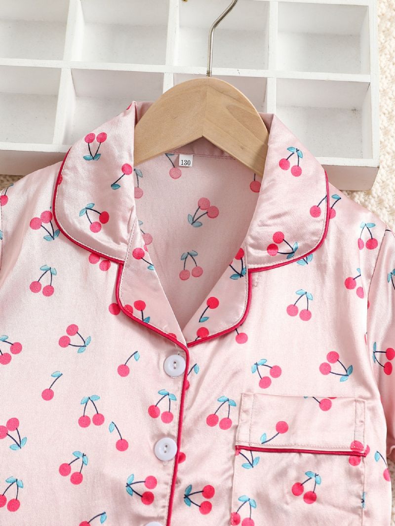 2 Stk Piger Kirsebær Print Satin Lapel Neck Pyjamas Sæt