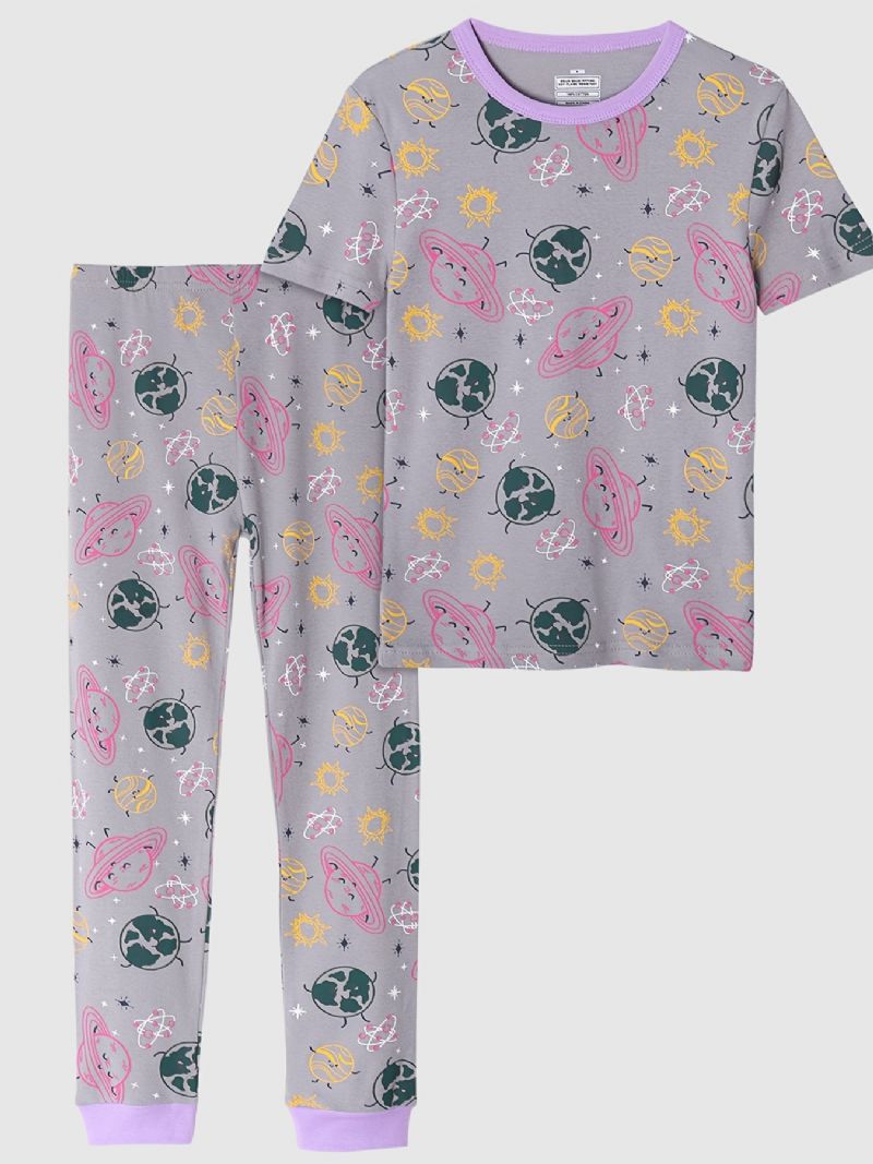 2 Stk Piger Sød Tegneserie Planet Print Pyjamas Sæt Med Kortærmede Toppe & Bukser