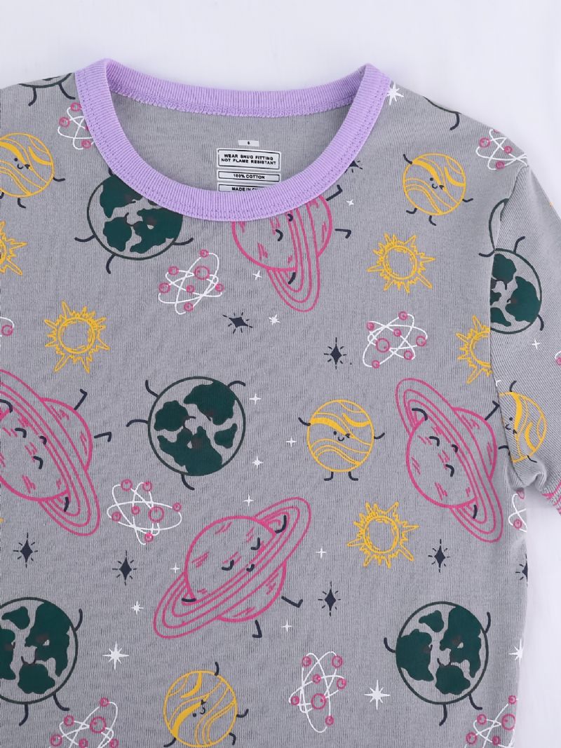 2 Stk Piger Sød Tegneserie Planet Print Pyjamas Sæt Med Kortærmede Toppe & Bukser