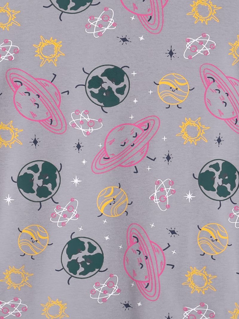 2 Stk Piger Sød Tegneserie Planet Print Pyjamas Sæt Med Kortærmede Toppe & Bukser