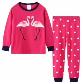 2 Stk Småbørnspiger Flamingo Print Bomuld Sweatshirt Med Rund Hals Pyjamas Sæt