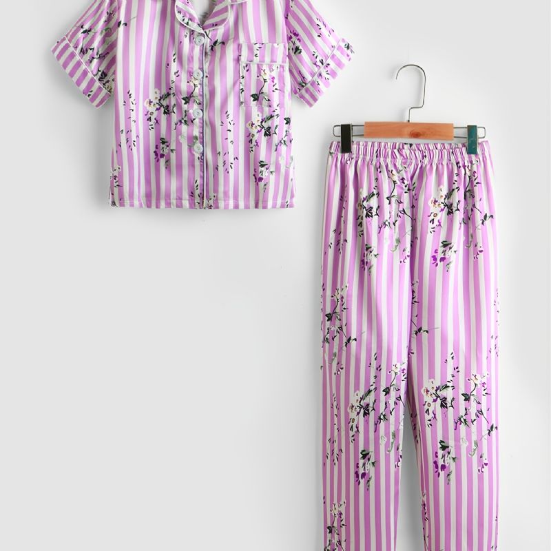 2 Stk Småbørnspiger Pink Stribet Ditsy Blomsterkrave Ærmebukser Casual Pyjamas Sæt P119-2