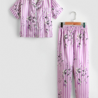 2 Stk Småbørnspiger Pink Stribet Ditsy Blomsterkrave Ærmebukser Casual Pyjamas Sæt P119-2
