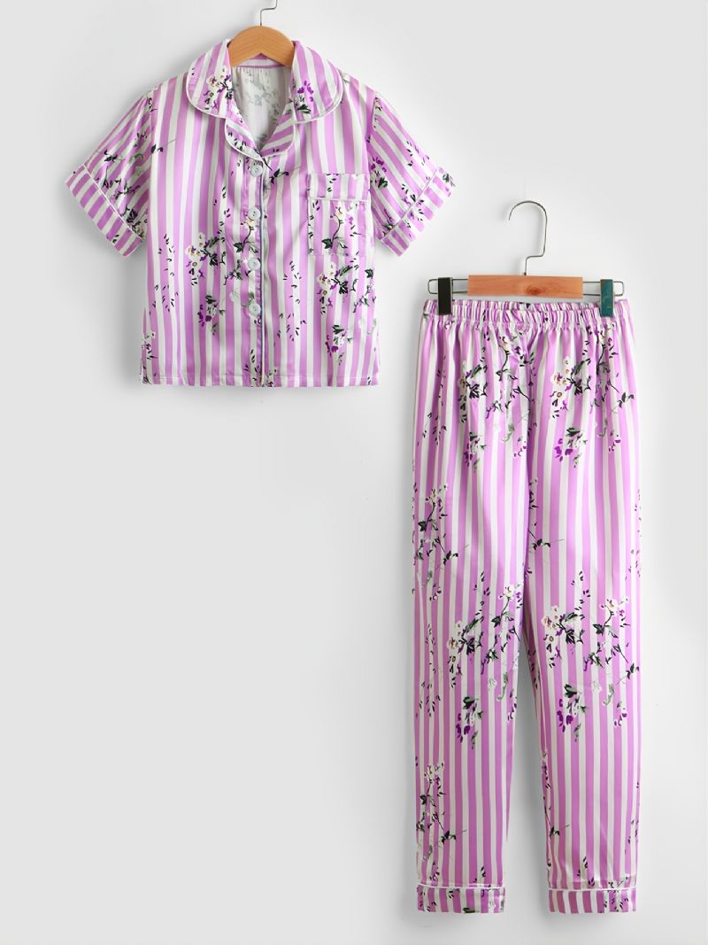 2 Stk Småbørnspiger Pink Stribet Ditsy Blomsterkrave Ærmebukser Casual Pyjamas Sæt P119-2