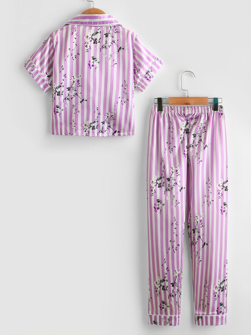 2 Stk Småbørnspiger Pink Stribet Ditsy Blomsterkrave Ærmebukser Casual Pyjamas Sæt P119-2
