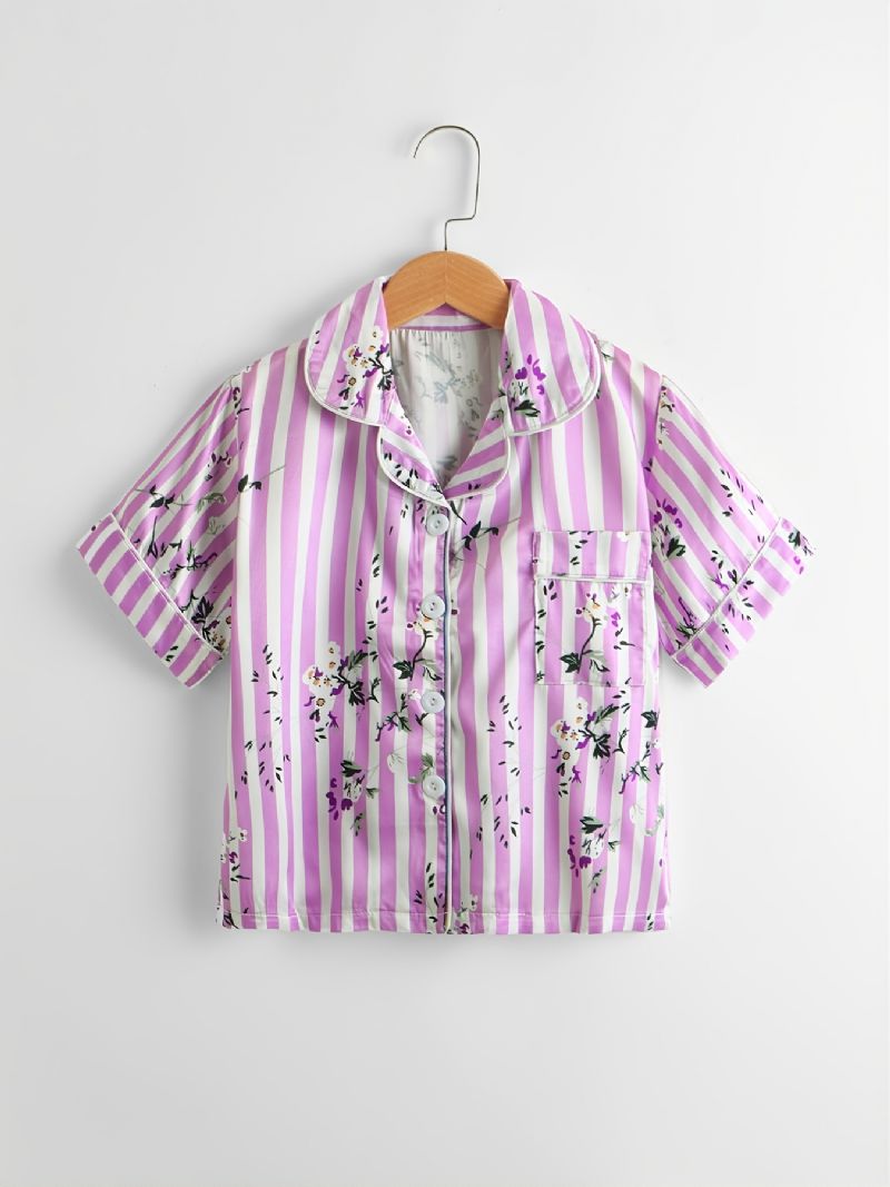 2 Stk Småbørnspiger Pink Stribet Ditsy Blomsterkrave Ærmebukser Casual Pyjamas Sæt P119-2