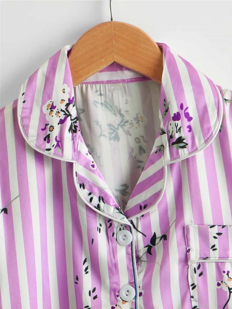 2 Stk Småbørnspiger Pink Stribet Ditsy Blomsterkrave Ærmebukser Casual Pyjamas Sæt P119-2