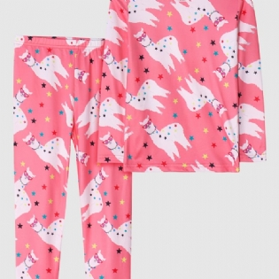 2 Stk Sød Pige Tegneserie Alpaka Print Pyjamas Sæt Med Langærmede Toppe Og Bukser Pink