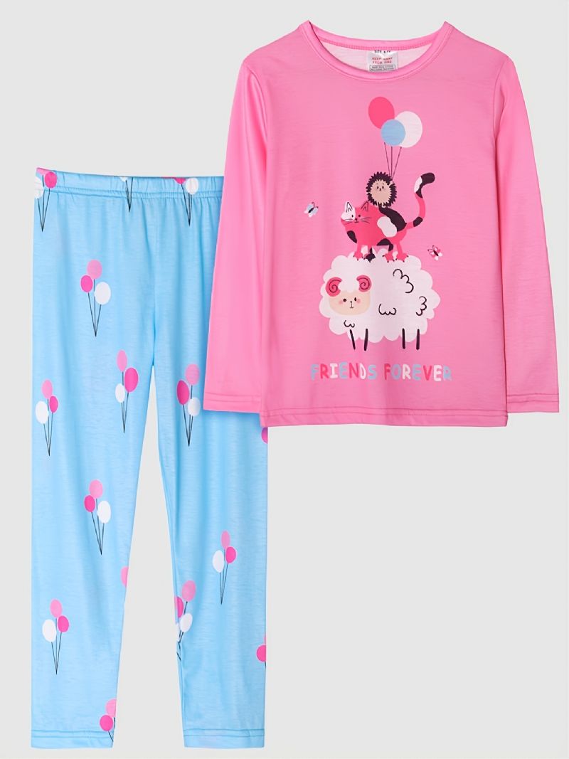2 Stk Søde Piger Tegneserie Får Ballon Print Pyjamas Sæt Med Langærmede Toppe Og Bukser Ferskenfarve