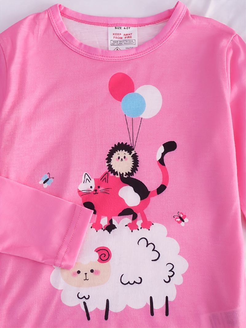 2 Stk Søde Piger Tegneserie Får Ballon Print Pyjamas Sæt Med Langærmede Toppe Og Bukser Ferskenfarve