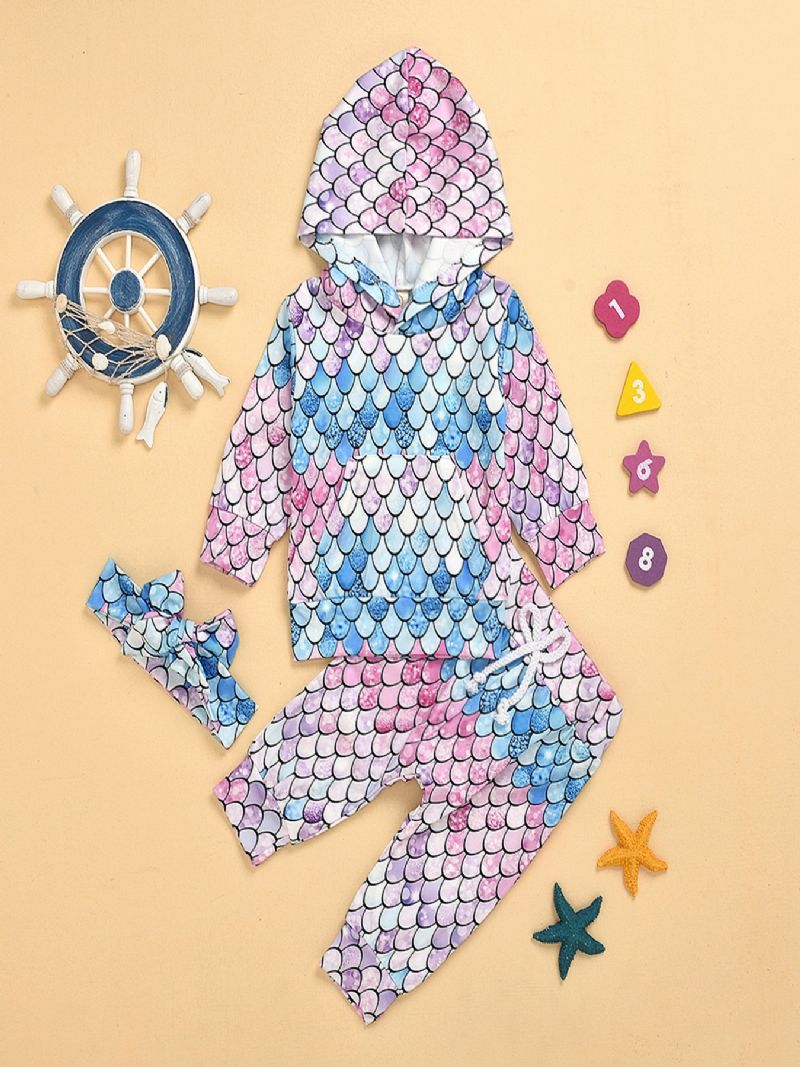 3 Stk Pige Pyjamas Sæt Med Fiskevægte Print Hættetrøje & Bukser & Pandebånd Til Vinter