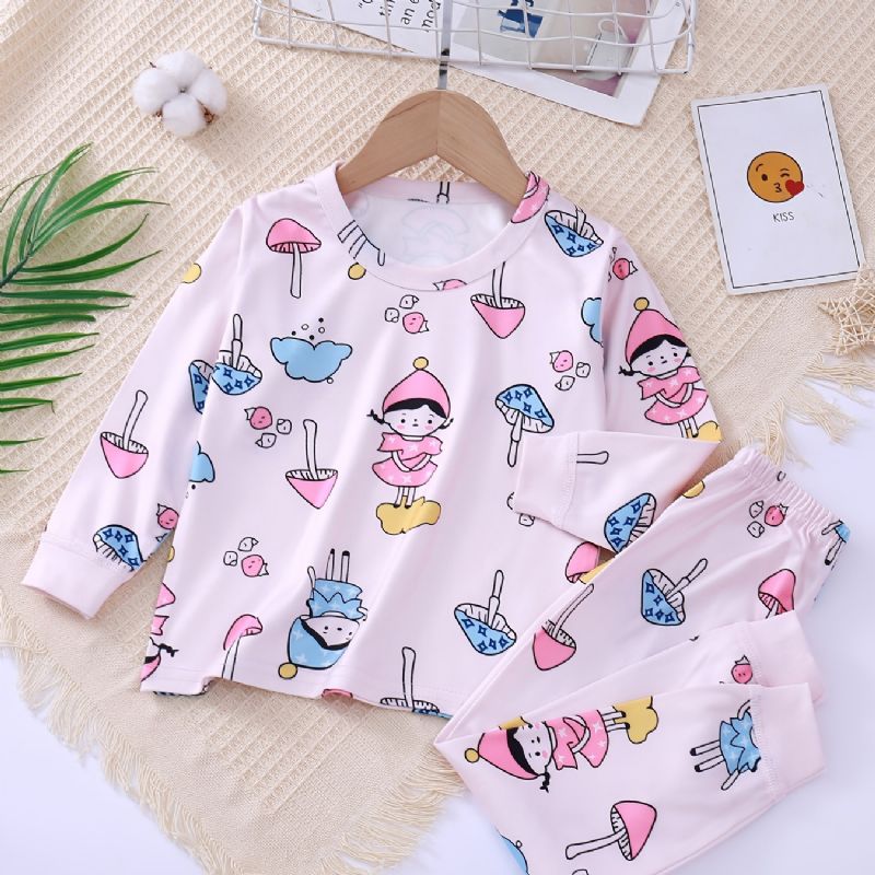 Baby Pyjamas Søde Tegneseriepiger Print Rund Hals Langærmet Top & Bukser Sæt Til Piger