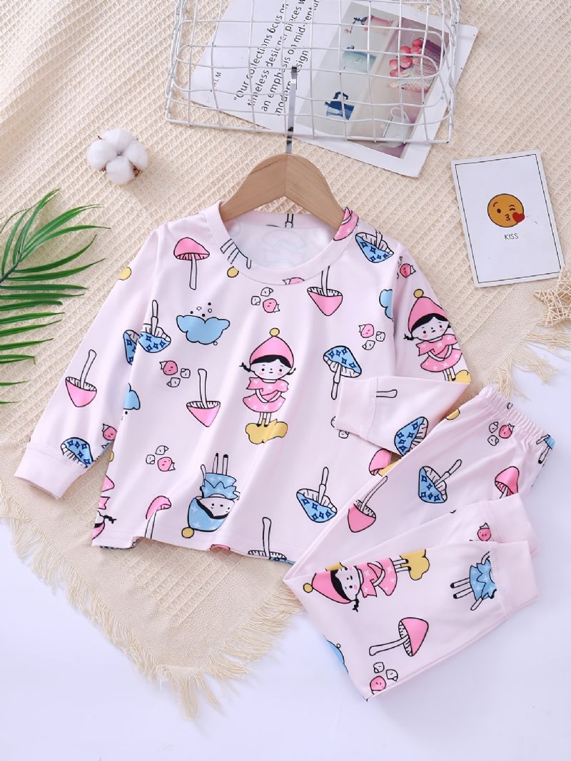 Baby Pyjamas Søde Tegneseriepiger Print Rund Hals Langærmet Top & Bukser Sæt Til Piger