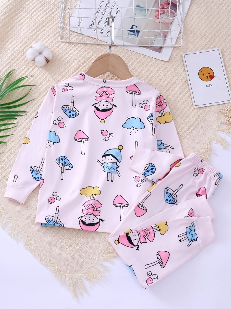 Baby Pyjamas Søde Tegneseriepiger Print Rund Hals Langærmet Top & Bukser Sæt Til Piger