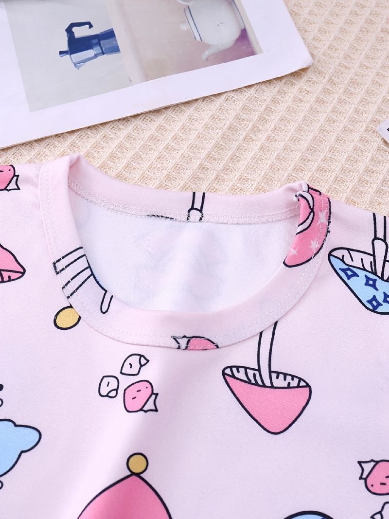 Baby Pyjamas Søde Tegneseriepiger Print Rund Hals Langærmet Top & Bukser Sæt Til Piger