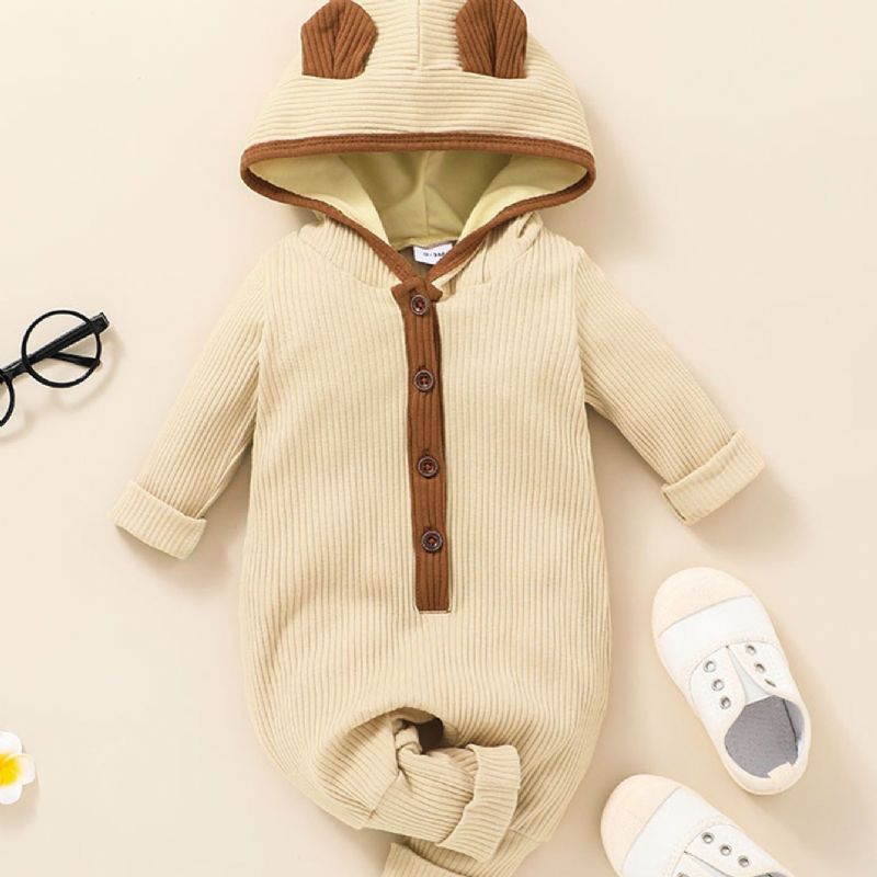 Baby Ribbet Hætte Jumpsuit Ensfarvet One-piece Pyjamas Bodysuit Loose Fit Efterår Vinter Outfits Tøj