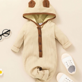 Baby Ribbet Hætte Jumpsuit Ensfarvet One-piece Pyjamas Bodysuit Loose Fit Efterår Vinter Outfits Tøj