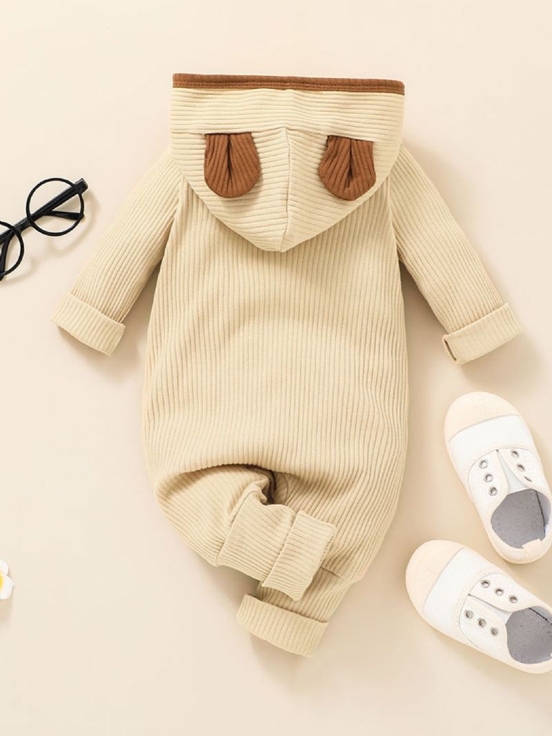 Baby Ribbet Hætte Jumpsuit Ensfarvet One-piece Pyjamas Bodysuit Loose Fit Efterår Vinter Outfits Tøj
