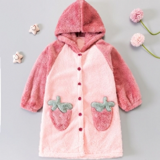 Babypiger Hætte Farveblok Badekåbe Jordbærknapper Pyjamas Coral Fleece Blødt Varmt Nattøj Vinter Børnetøj