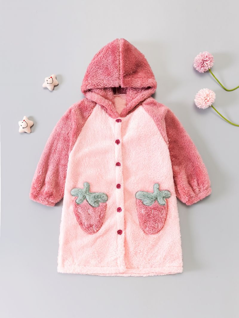 Babypiger Hætte Farveblok Badekåbe Jordbærknapper Pyjamas Coral Fleece Blødt Varmt Nattøj Vinter Børnetøj